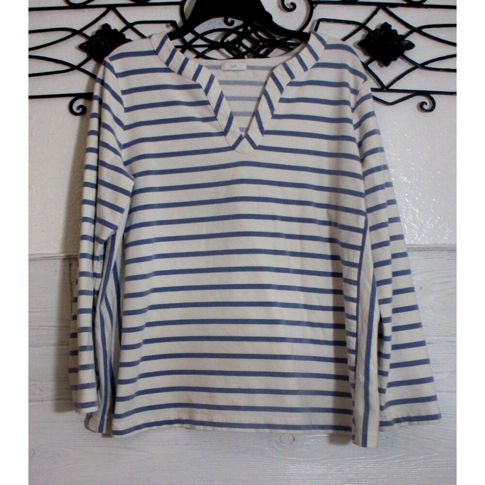 J Jill Women's Knit Top Size L Long Sleeve Blue Striped Round Neck